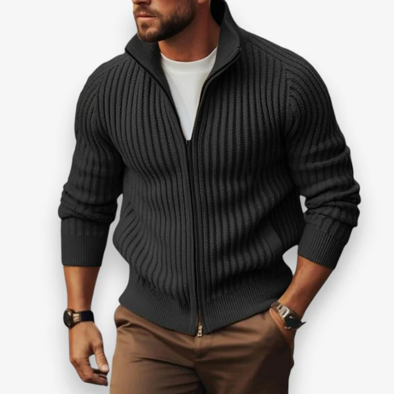 Aaron – Men's Long Sleeve Cardigan with Zipper Closure - Image 3