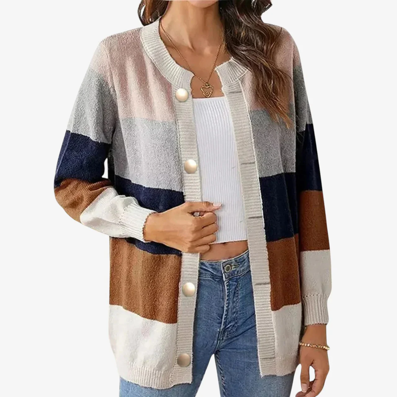 Abigail – Printed Long Sleeve Round Neck Cardigan with Buttons