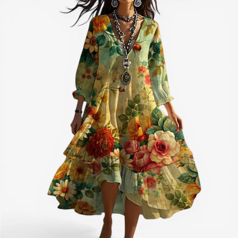 Amelia – Long Sleeved V Neck Floral Print Dress with Loose Fit - Image 2