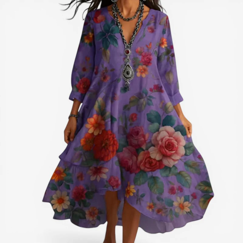 Amelia – Long Sleeved V Neck Floral Print Dress with Loose Fit - Image 3