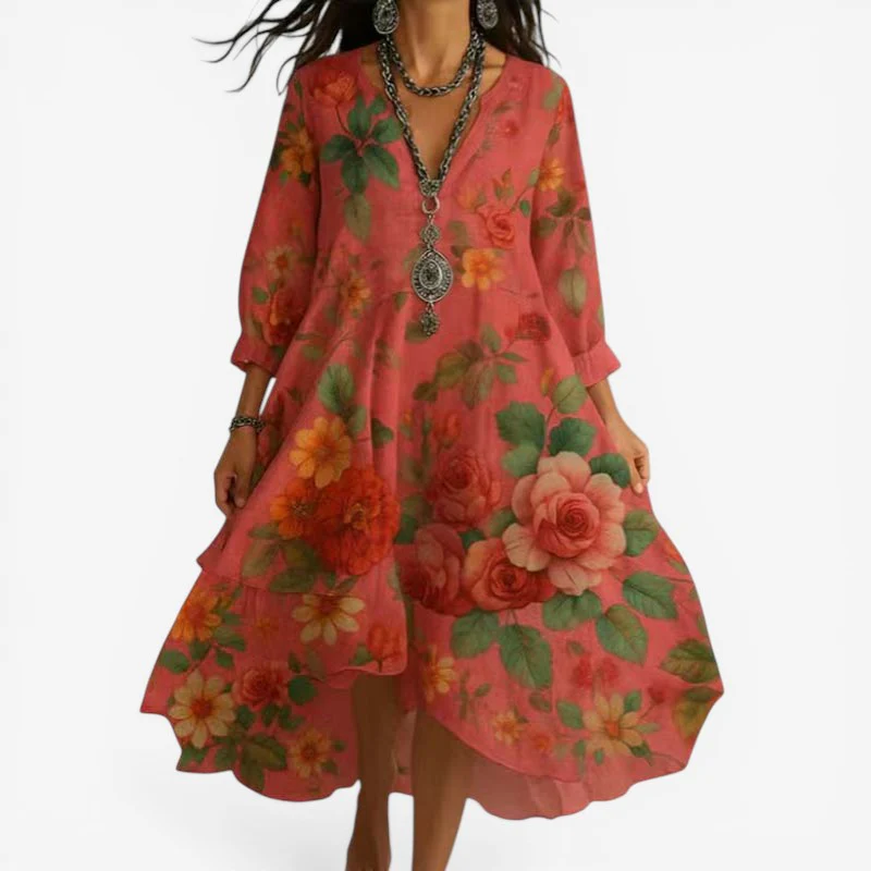 Amelia – Long Sleeved V Neck Floral Print Dress with Loose Fit - Image 4