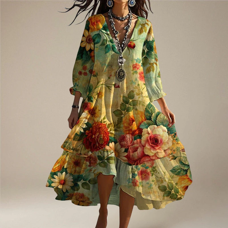 Amelia – Long Sleeved V Neck Floral Print Dress with Loose Fit - Image 5