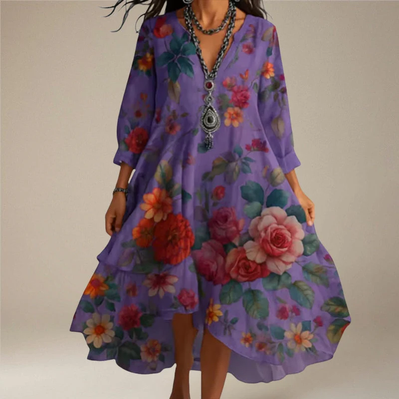 Amelia – Long Sleeved V Neck Floral Print Dress with Loose Fit - Image 6