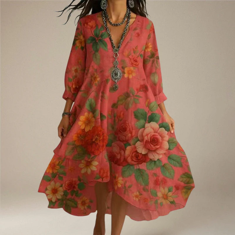 Amelia – Long Sleeved V Neck Floral Print Dress with Loose Fit - Image 7