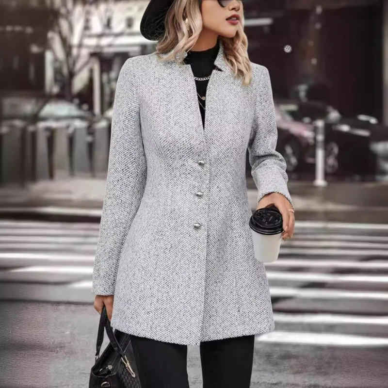 Aria – Long Sleeve Button-Up Coat with Stand Collar - Image 2