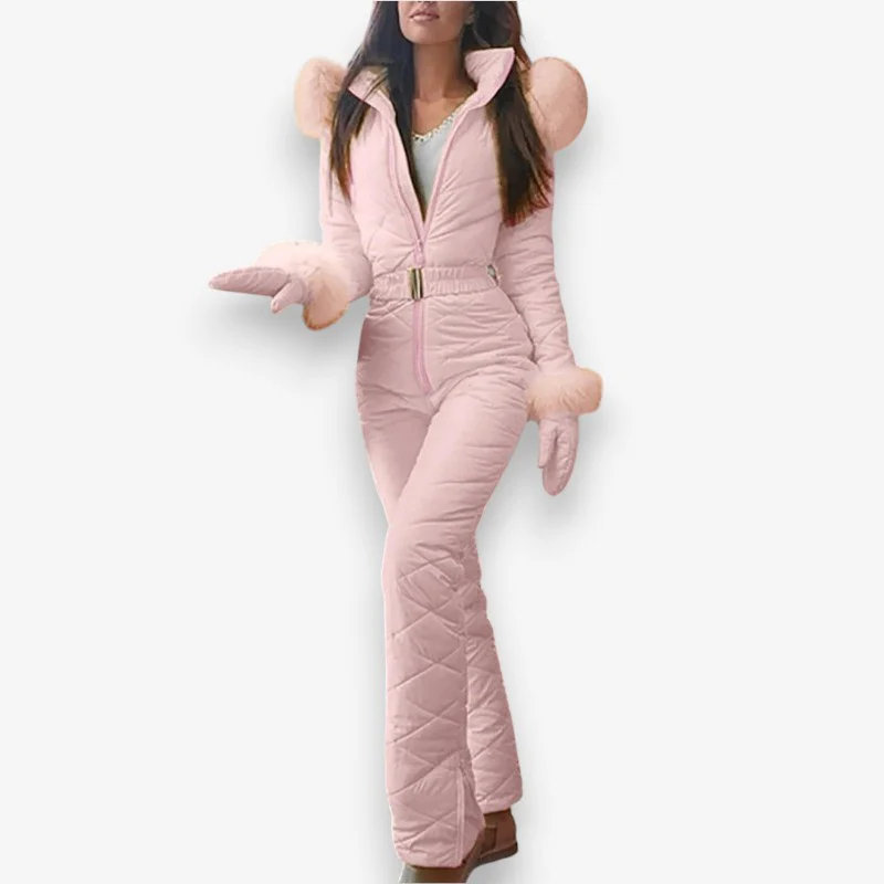 Ava – Women's Long Sleeve Overall with Belt and Fur Collar - Image 3