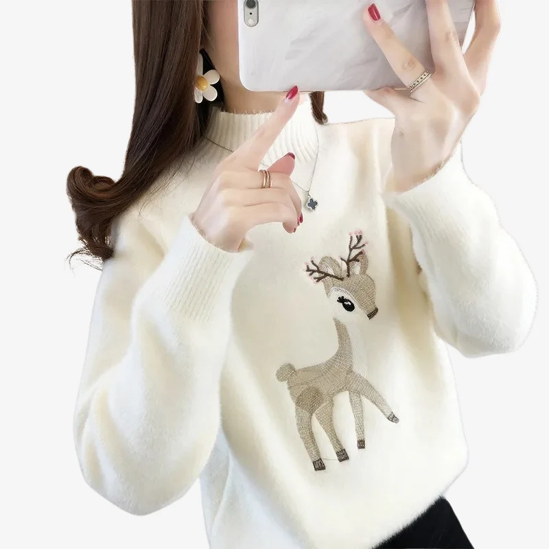 Ava – Women's Sweater with Deer Print & Ribbed Hem