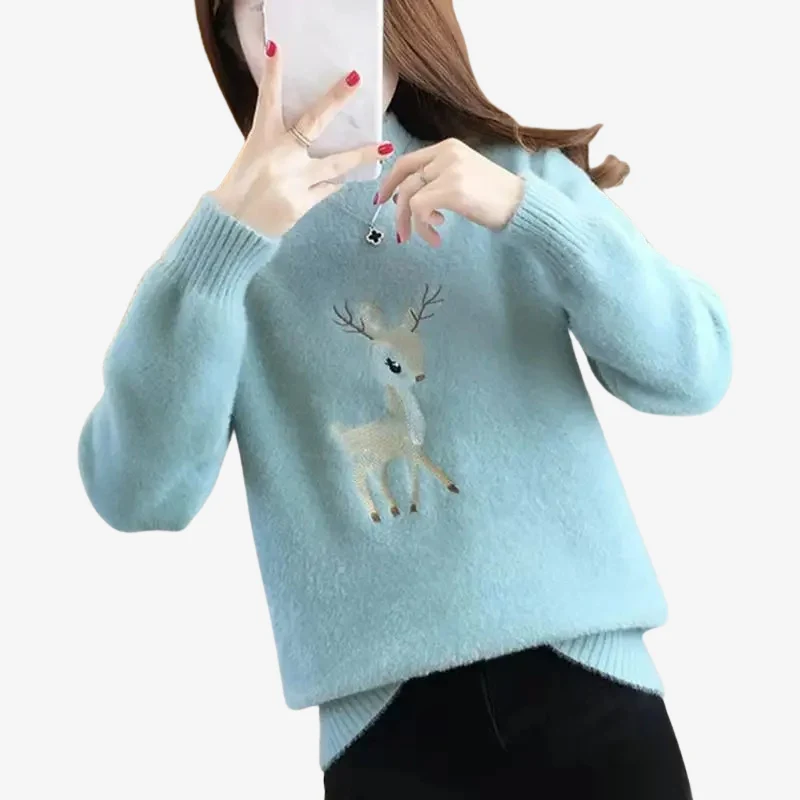 Ava – Women's Sweater with Deer Print & Ribbed Hem - Image 2