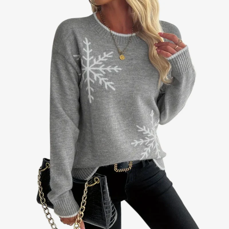 Ava – Women's Long Sleeve Sweater with Snowflake Print
