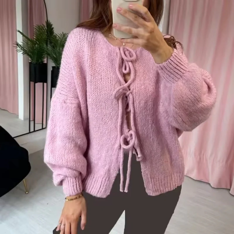 Clara – Crew Neck Cardigan with Long Sleeves and Lace Closure - Image 6