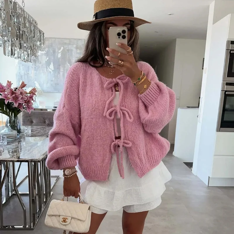 Clara – Crew Neck Cardigan with Long Sleeves and Lace Closure - Image 7