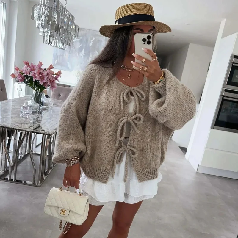 Clara – Crew Neck Cardigan with Long Sleeves and Lace Closure - Image 8