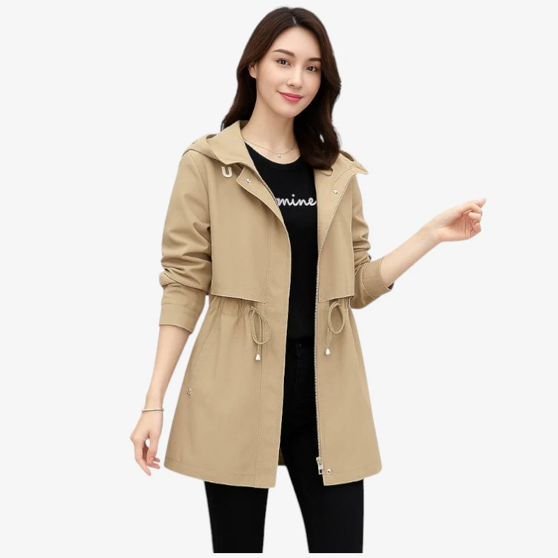 Elara – Hooded Trench Coat with Zip and Long Sleeves