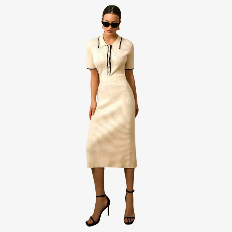 Gemma – Women's Sweater Dress with Turned-Down Collar & Button Closure