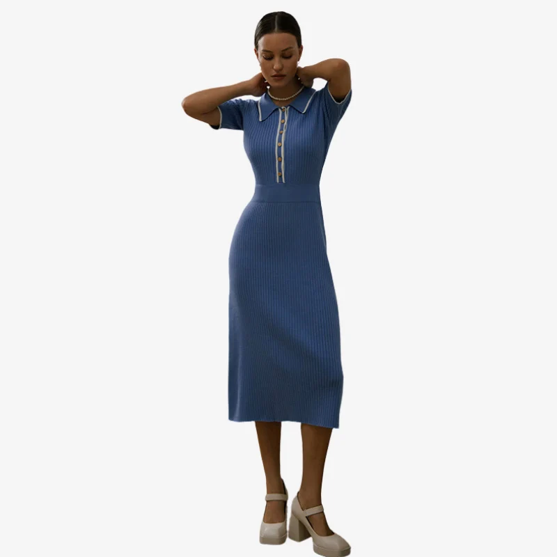 Gemma – Women's Sweater Dress with Turned-Down Collar & Button Closure - Image 2