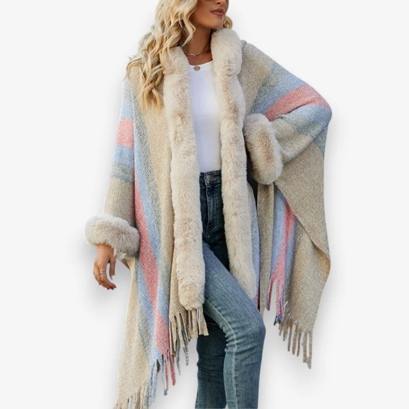 Grace – Long Sleeve Poncho with Faux Fur Collar