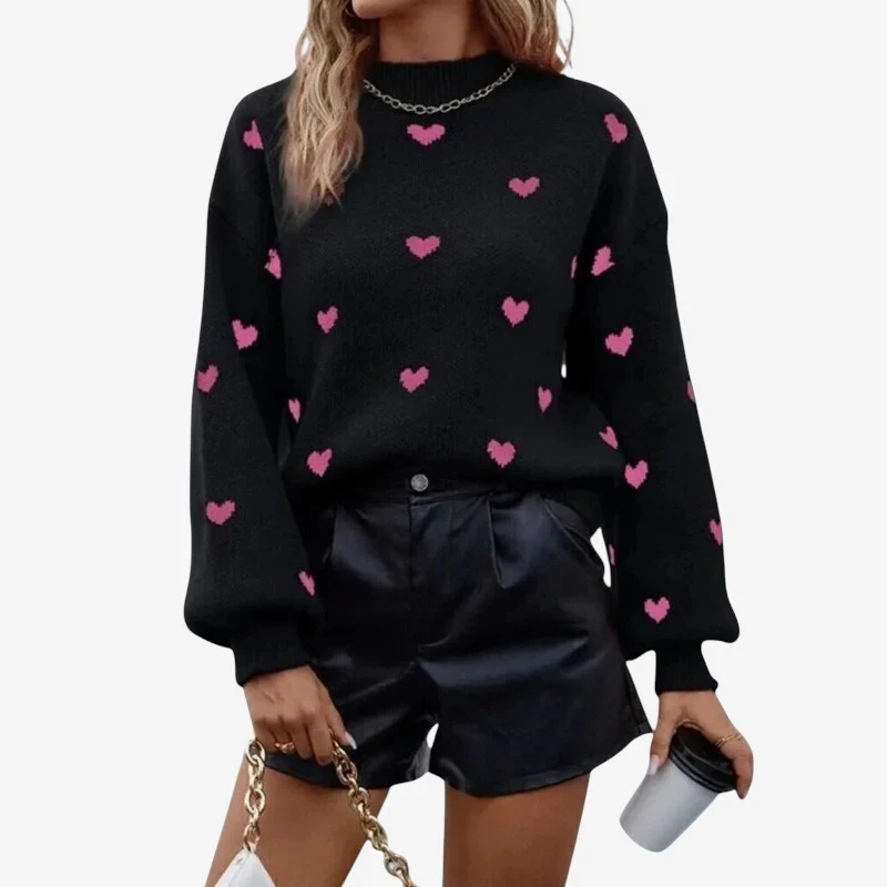 Jennifer – Long Sleeve Sweater with Heart Print and Round Neck - Image 4