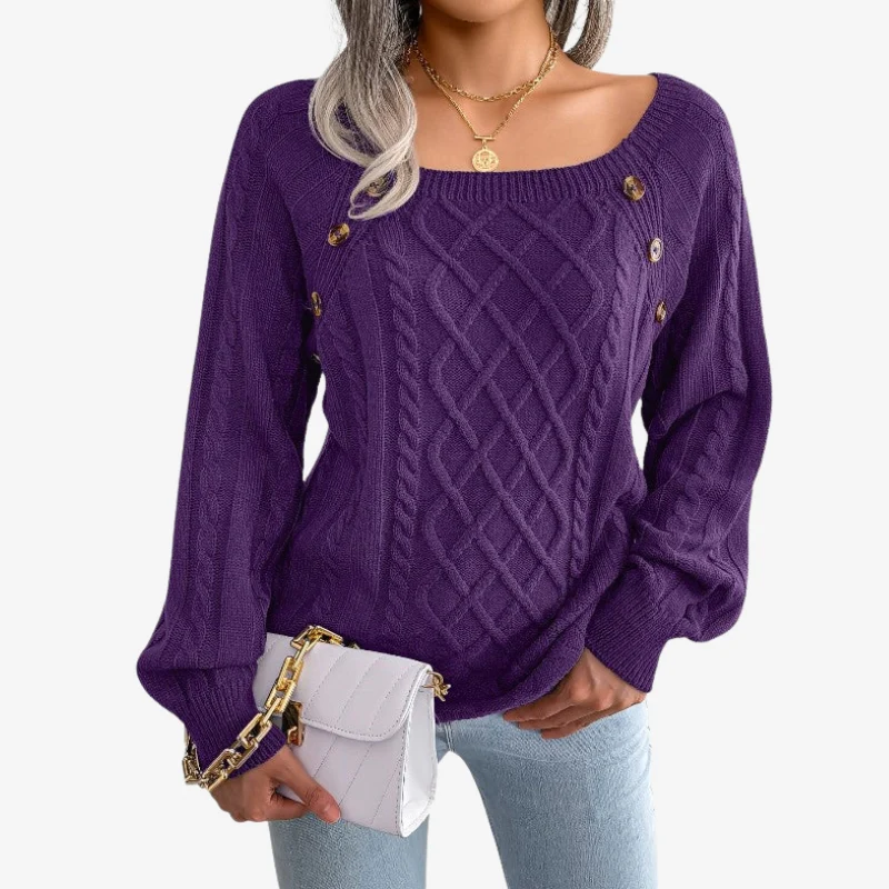 Lila – Women's Long-Sleeved Sweater with Zigzag Pattern and Button Detail - Image 9