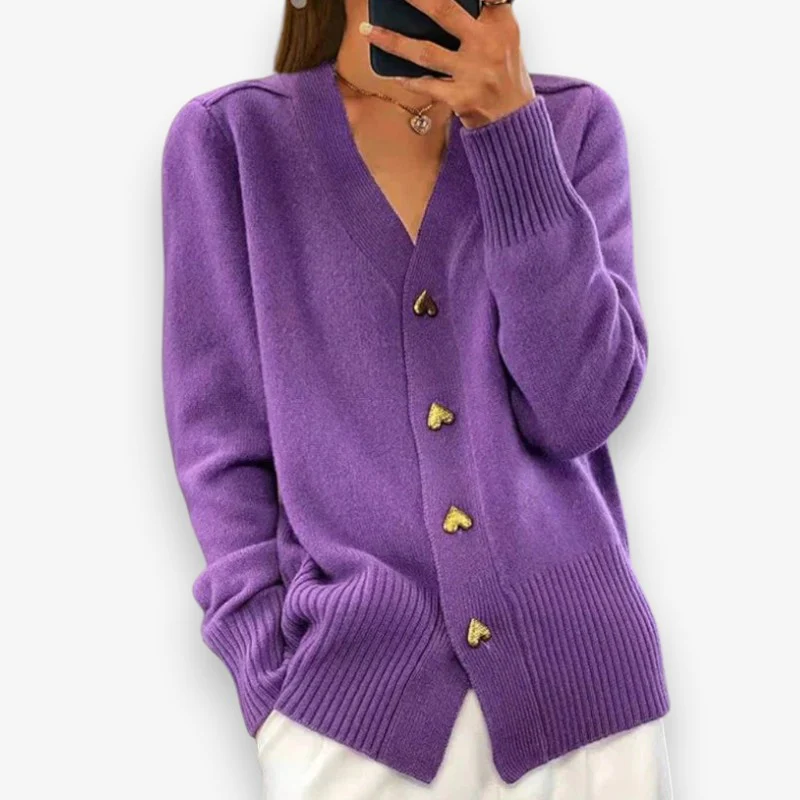 Olivia – V-Neck Knitted Cardigan with Heart-Shaped Buttons