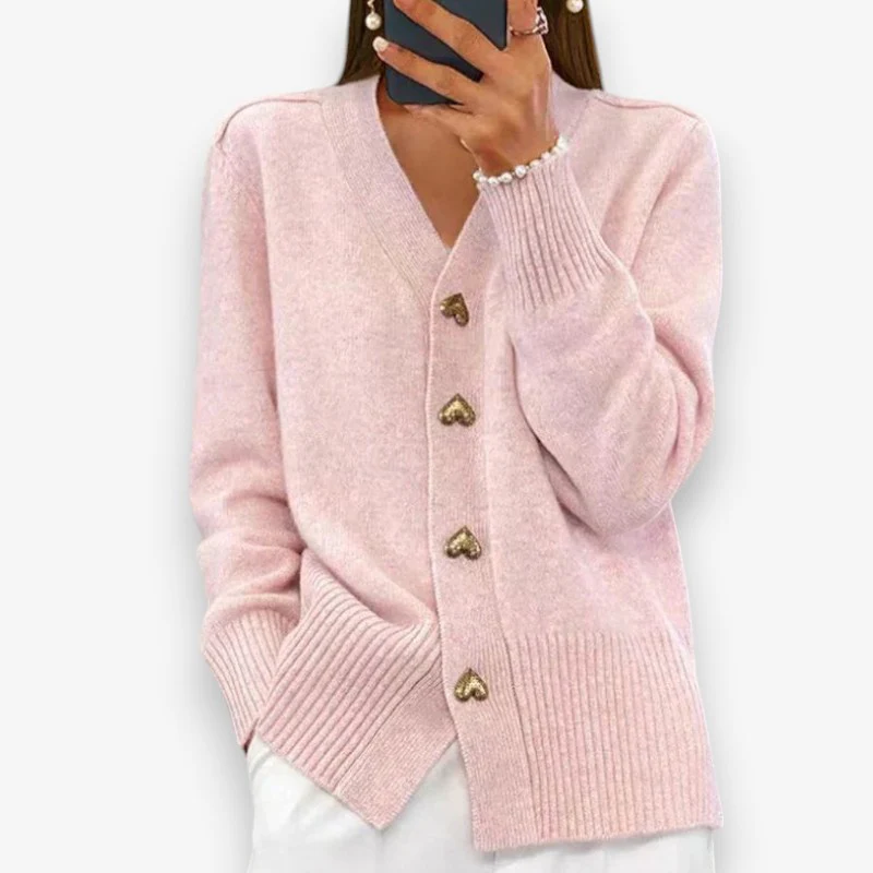 Olivia – V-Neck Knitted Cardigan with Heart-Shaped Buttons - Image 2