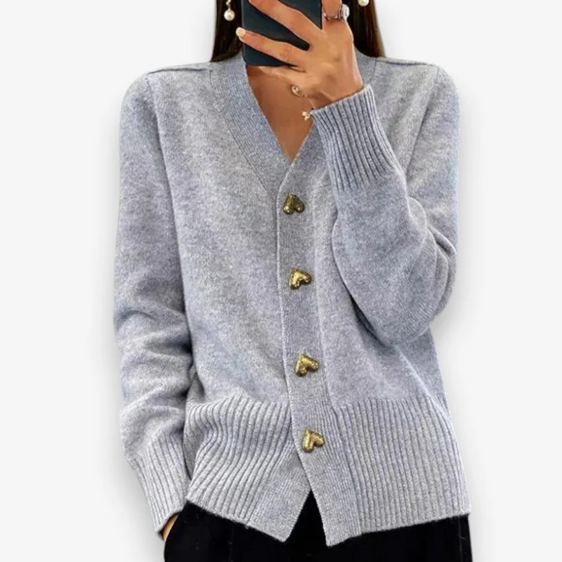 Olivia – V-Neck Knitted Cardigan with Heart-Shaped Buttons - Image 4