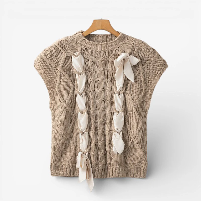 Sarah – Women's Knitted Sweater with Bow Detail and Short Sleeves - Image 2