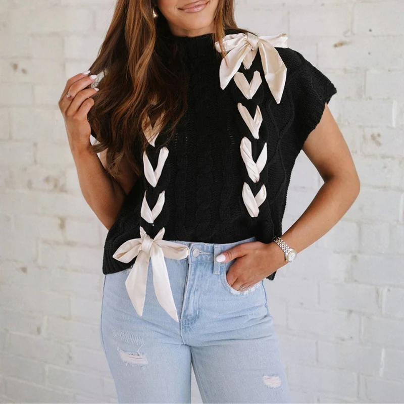Sarah – Women's Knitted Sweater with Bow Detail and Short Sleeves - Image 3