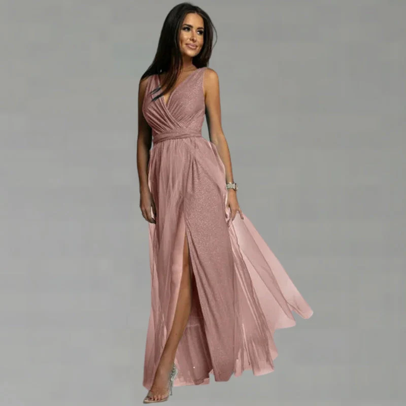 Sleeveless V Neck Flowing Maxi Dress with Side Slit - Image 9