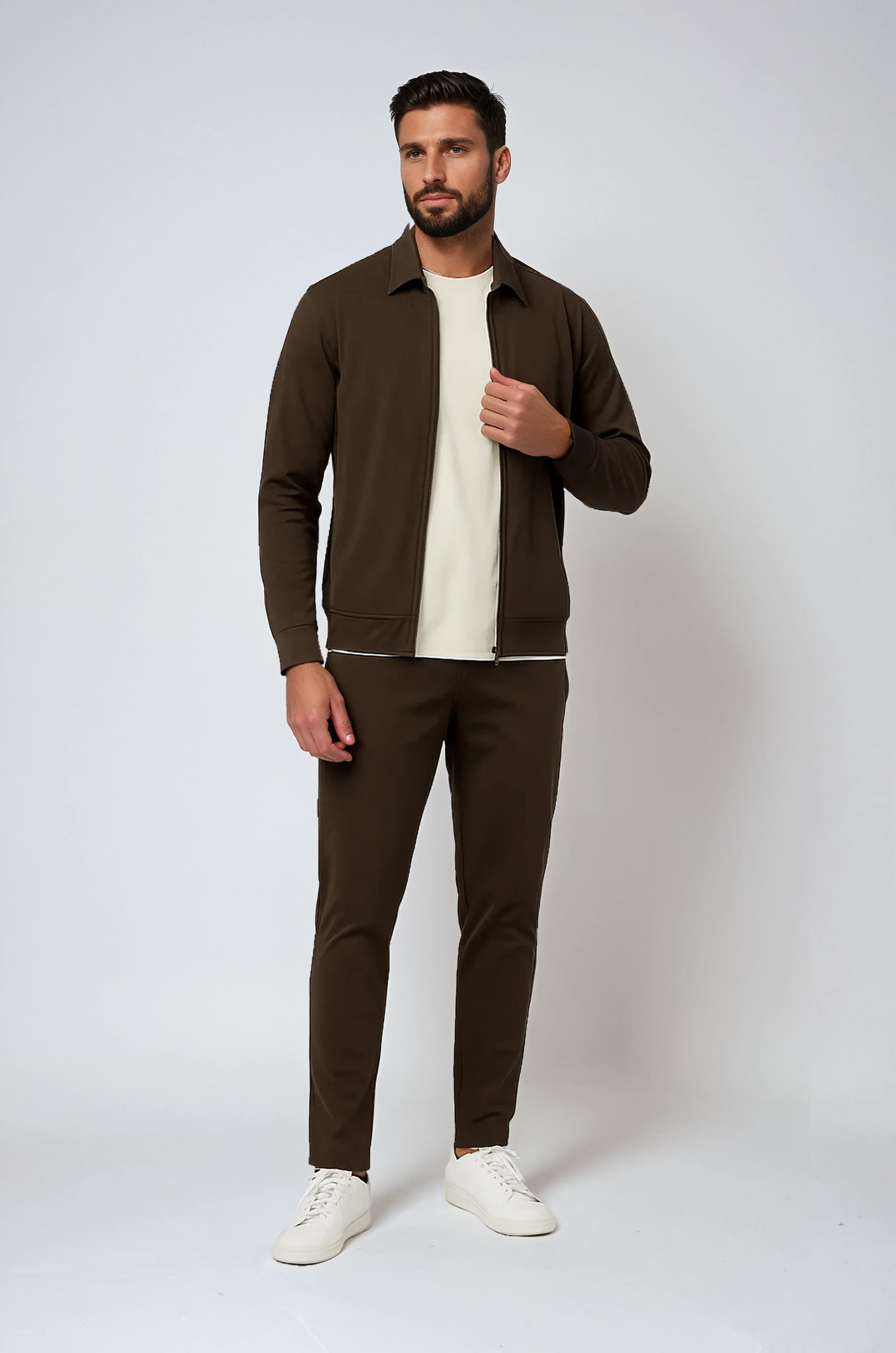 Men's Smart Tech Suit Espresso Brown | Slim Fit Tech Suit with Breathable Stretch Material & Wrinkle-Free Finish | Minimalist Zipper Details - Image 3