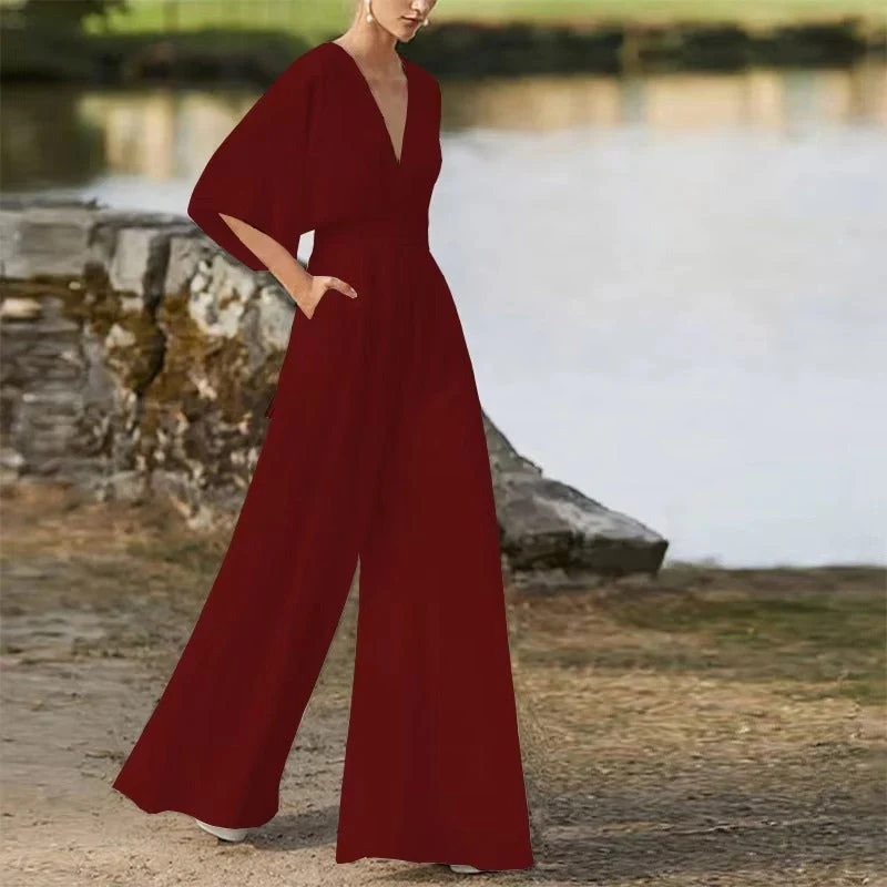 Willow - Loose Fit Short Sleeve Jumpsuit With V Neck Design - Image 14