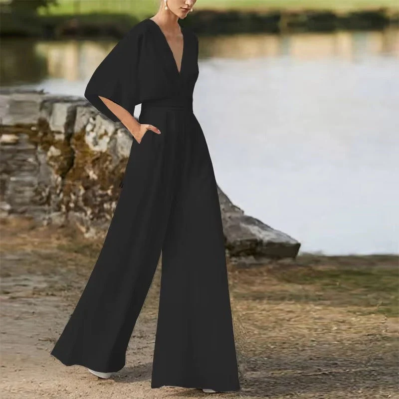 Willow - Loose Fit Short Sleeve Jumpsuit With V Neck Design - Image 16