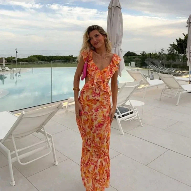 Women’s long ruffled V-neck high waist dress - Image 2