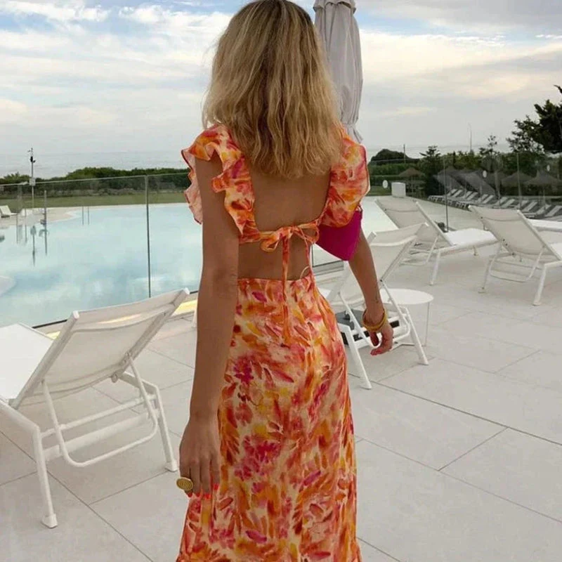 Women’s long ruffled V-neck high waist dress - Image 3