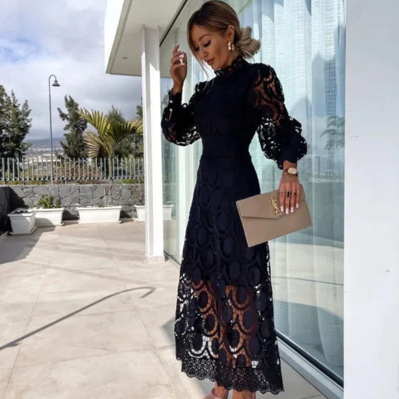 Women’s long sleeve openwork lace straight dress - Image 5
