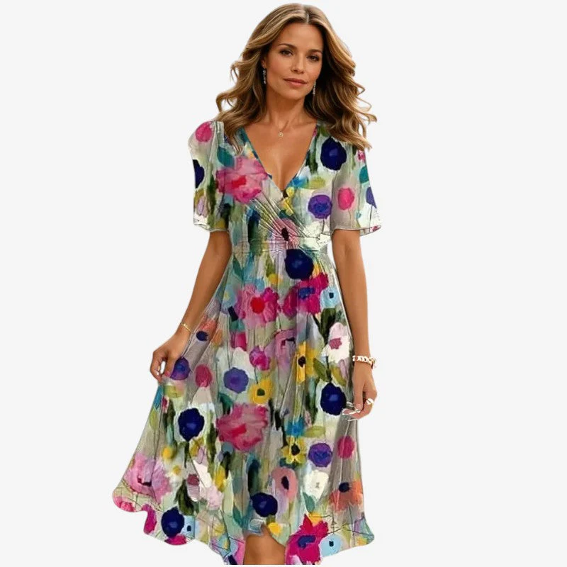 Women’s short sleeve V-neck printed casual dress - Image 4